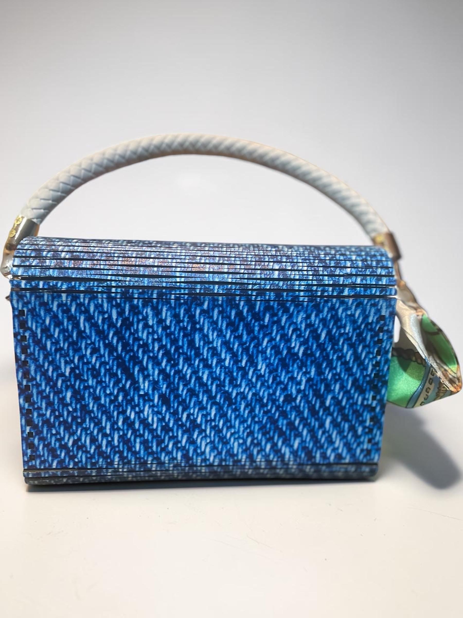 Faux Blue Jean Wood Handbag| Leather Interior |