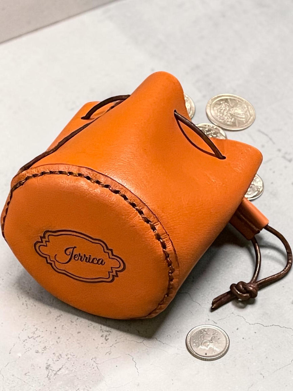 Handmade Leather Drawstring Coin Pouch | Personalized Small Change Bag