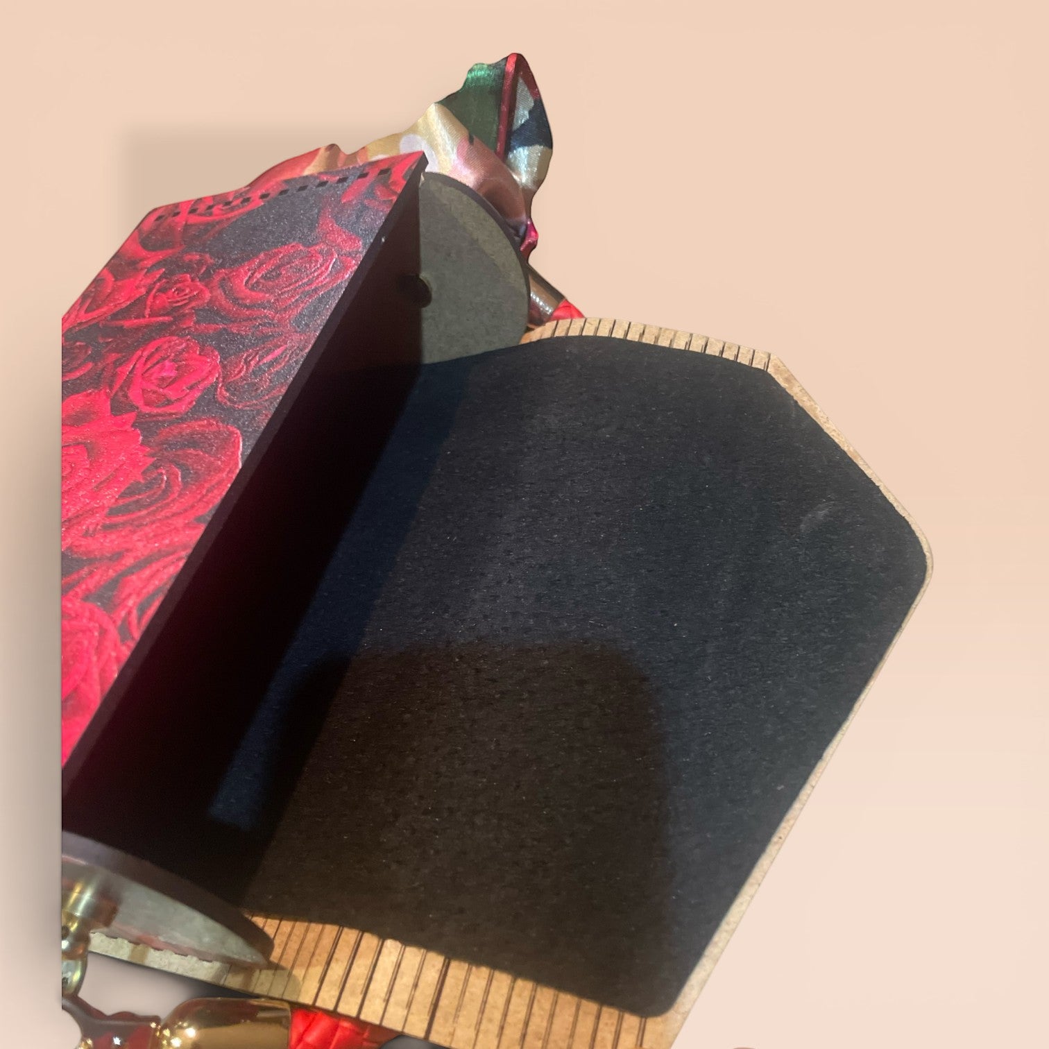 Recrafted Luxe red rose print coated wood handbag with leather interior and brass hardware.