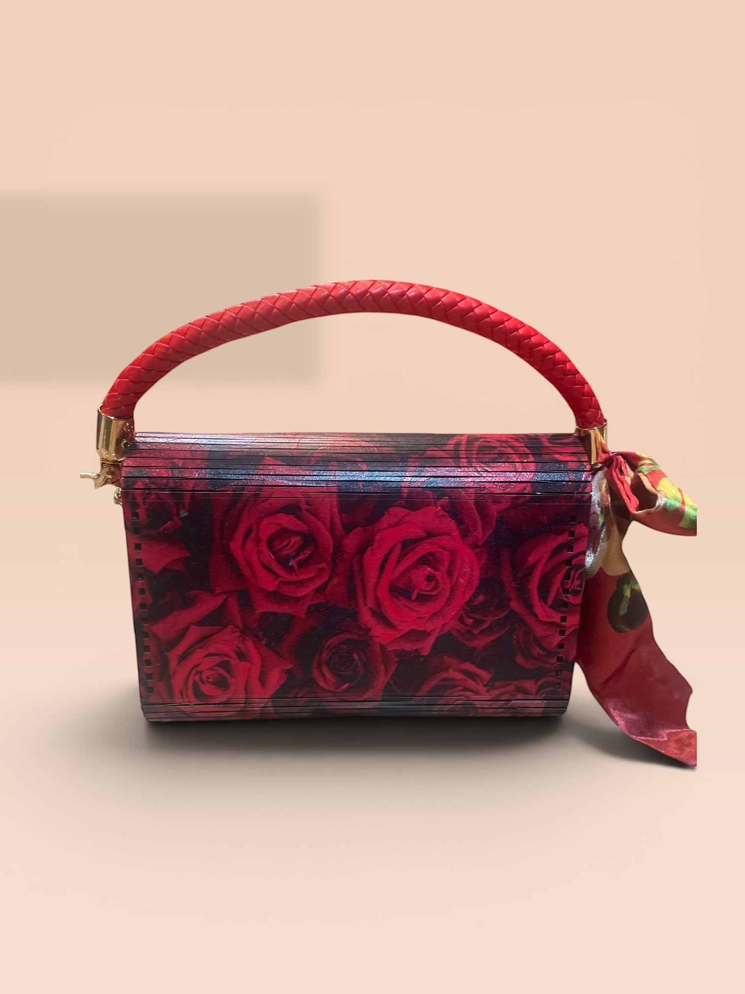 Recrafted Luxe red rose print wood handbag with braided leather handle and brass hardware.